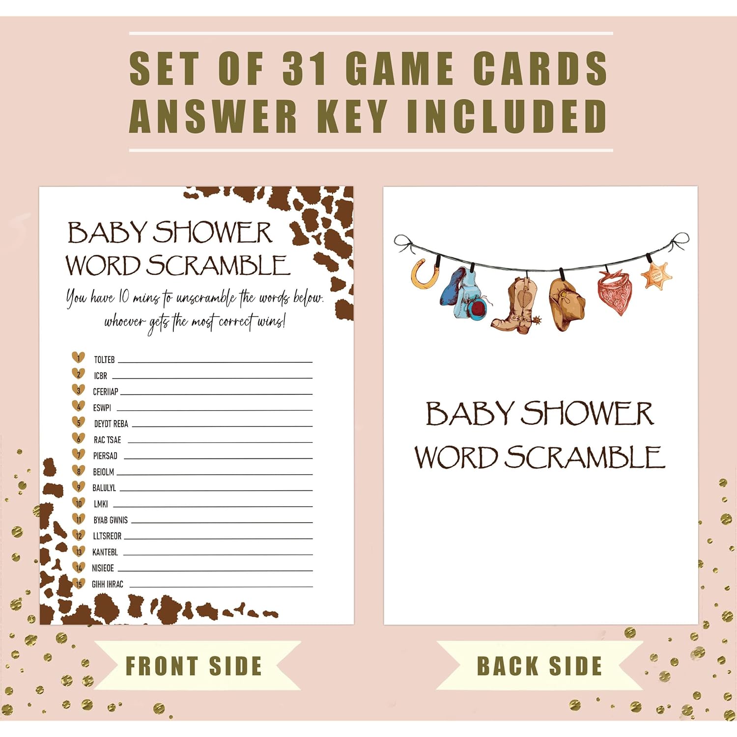 Baby Shower Games - Baby Shower Word Scramble Game For 30 Guests With Cards, Gender Reveal Game, Cowboy Party Supplies (19)