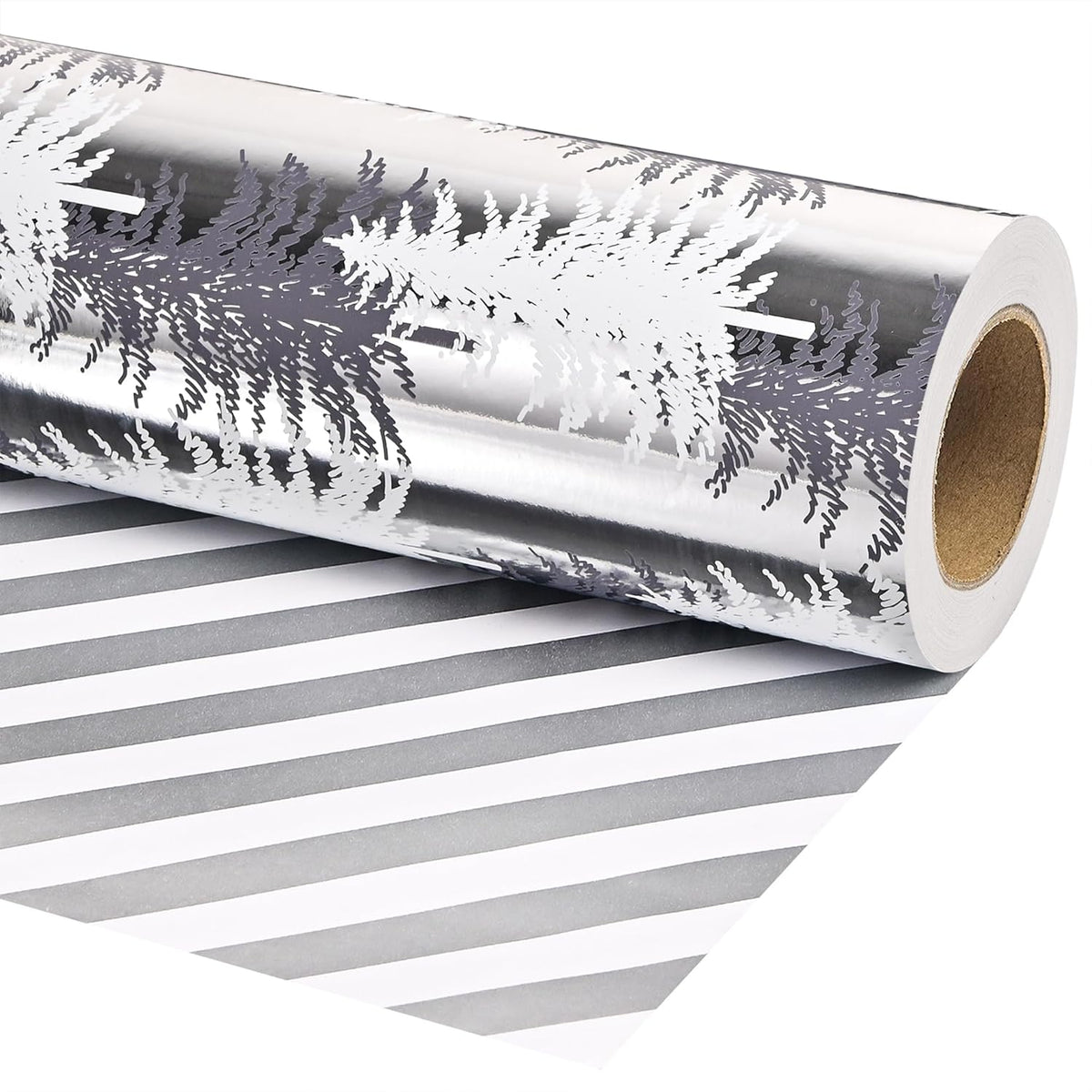 Reversible Wrapping Paper Roll - Silver Metallic Foil Gift Wrap With Trees, Stripes Design For Holiday Winter (Sliver Christmas Tree, 17Inch X 16.5Feet)