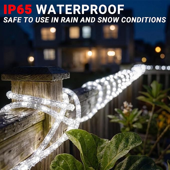 50FT White LED Rope Lights Waterproof Connectable Flexible Tube Lights with 8 Modes for Patio Garden Deck