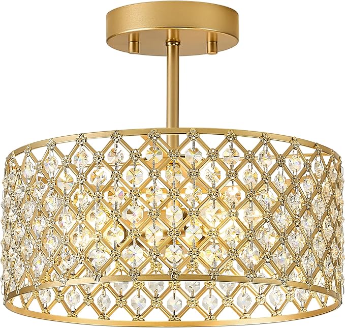 12 Inch Gold Crystal Ceiling Light Modern Semi Flush Mount 3 Light Chandelier Fixture