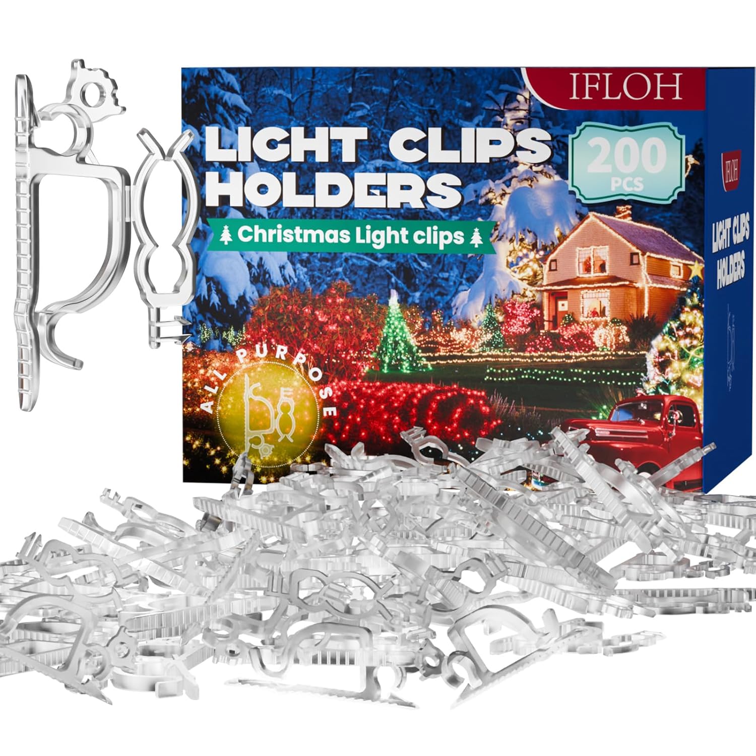 Holiday Light Clips [Set Of 200] Christmas Light Clips, Outdoor Light Clips - Mount To Shingles & Gutters - Works With Mini, C6, C7, C9, Rope, Icicle Lights - No Tools Required