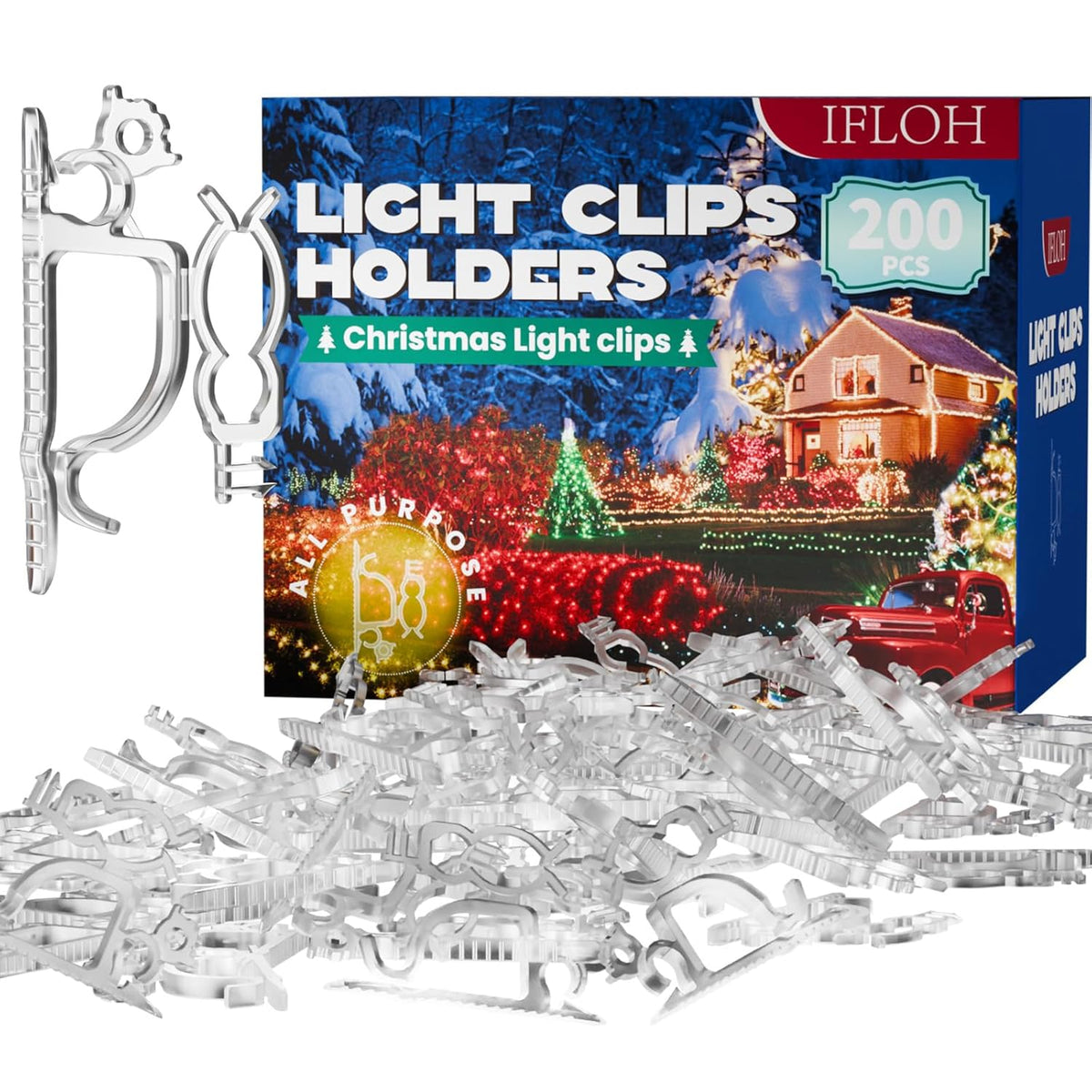 Holiday Light Clips [Set Of 200] Christmas Light Clips, Outdoor Light Clips - Mount To Shingles & Gutters - Works With Mini, C6, C7, C9, Rope, Icicle Lights - No Tools Required