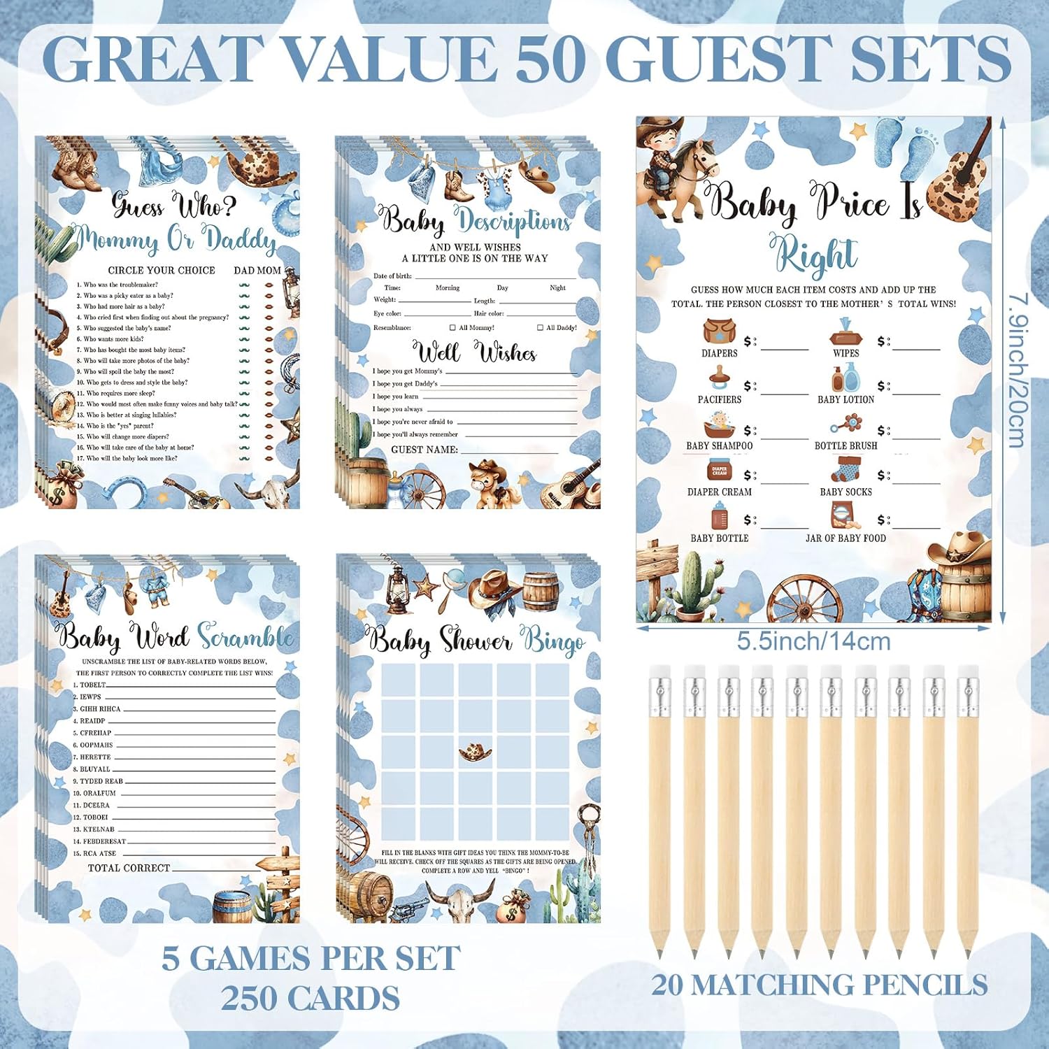 321 Pcs Cowboy Baby Shower Decorations Party Games A Cowboy Is On The Way Bingo Price Guess Don'T Say The Word Who Mom Game For Western Rodeo Baby Shower Gender Reveal Party Favors