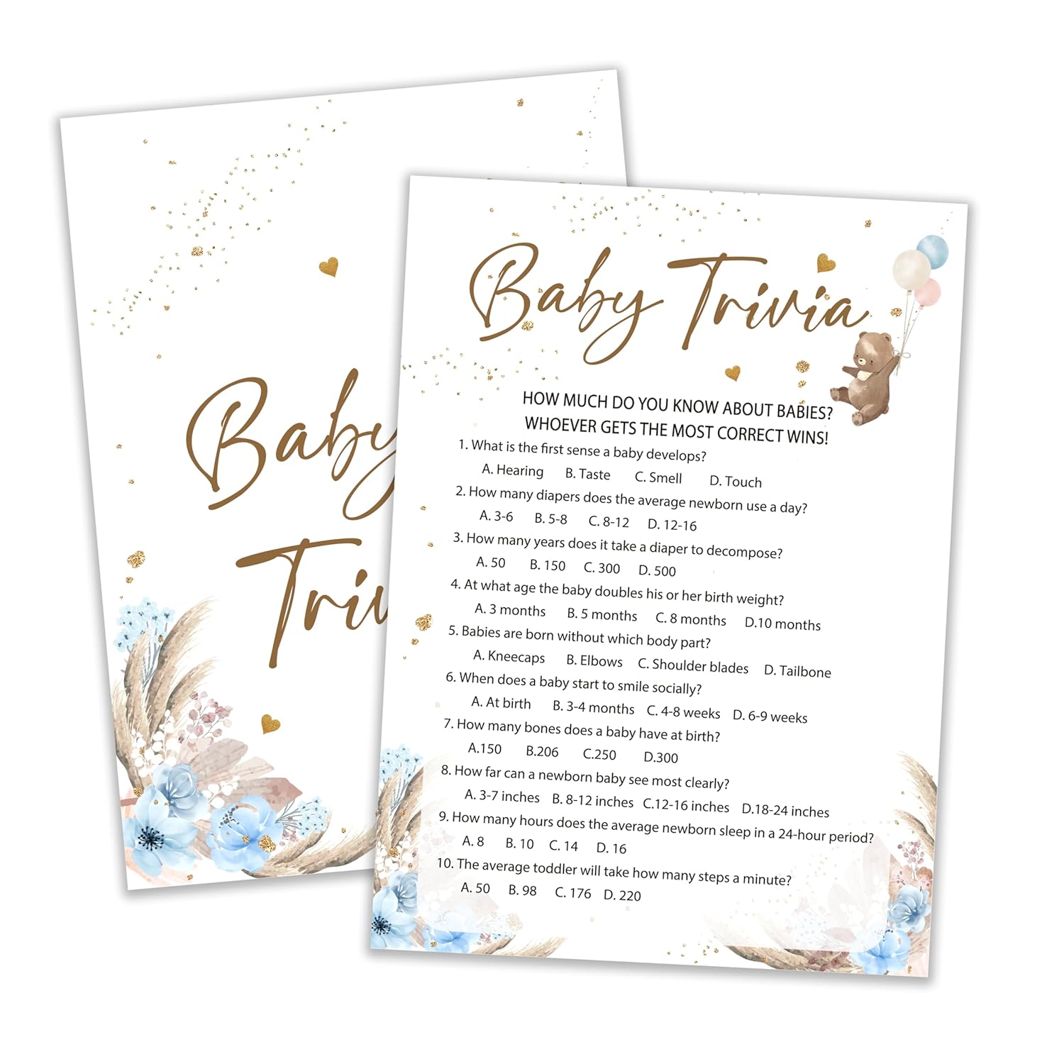 Baby Shower Games, Baby Trivia Games, Bear Themed Blue Baby Shower Games Card For 25 Players, Gender Neutral Party Ideas Favors, Baby Shower Boys Party Decorations Supplies-A07