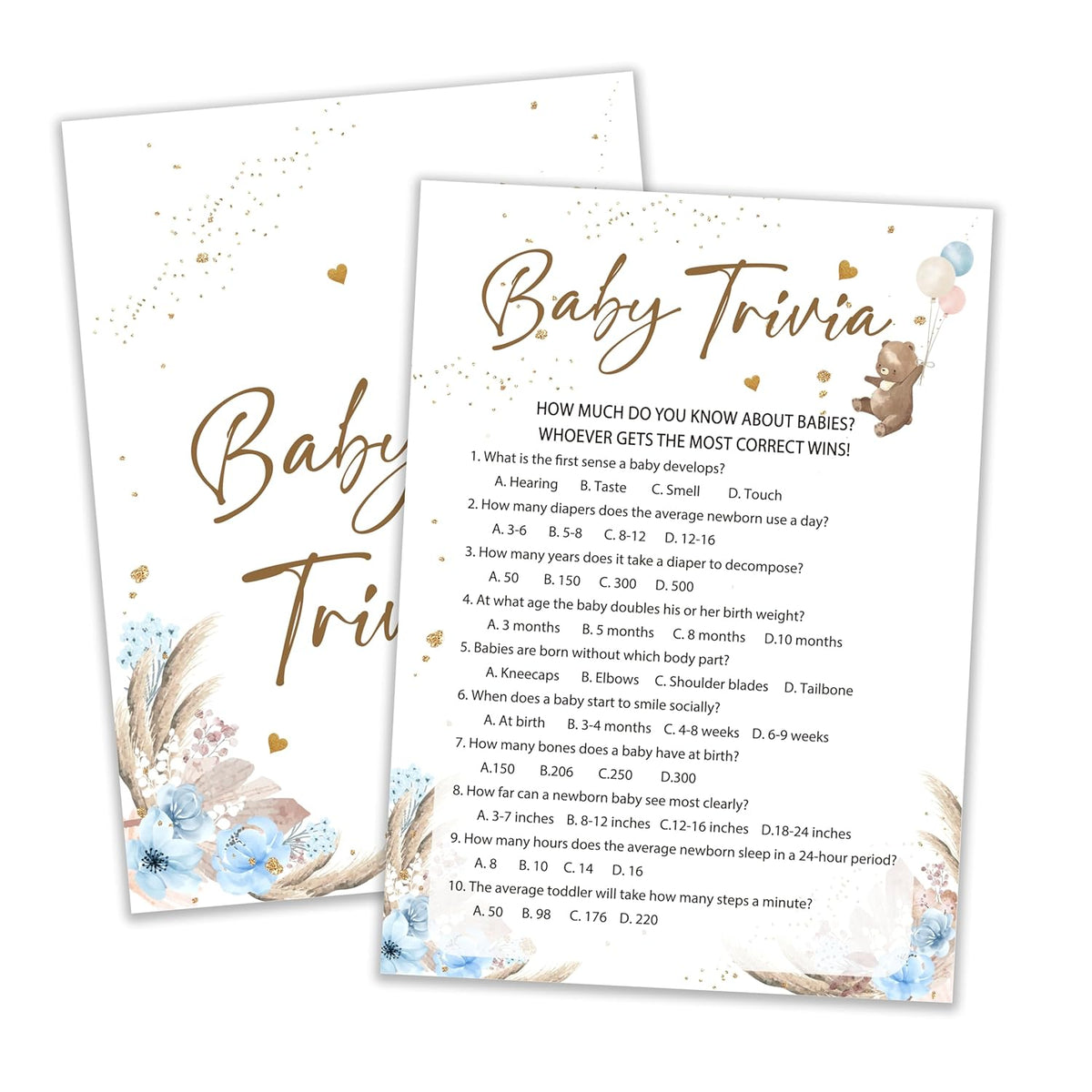 Baby Shower Games, Baby Trivia Games, Bear Themed Blue Baby Shower Games Card For 25 Players, Gender Neutral Party Ideas Favors, Baby Shower Boys Party Decorations Supplies-A07