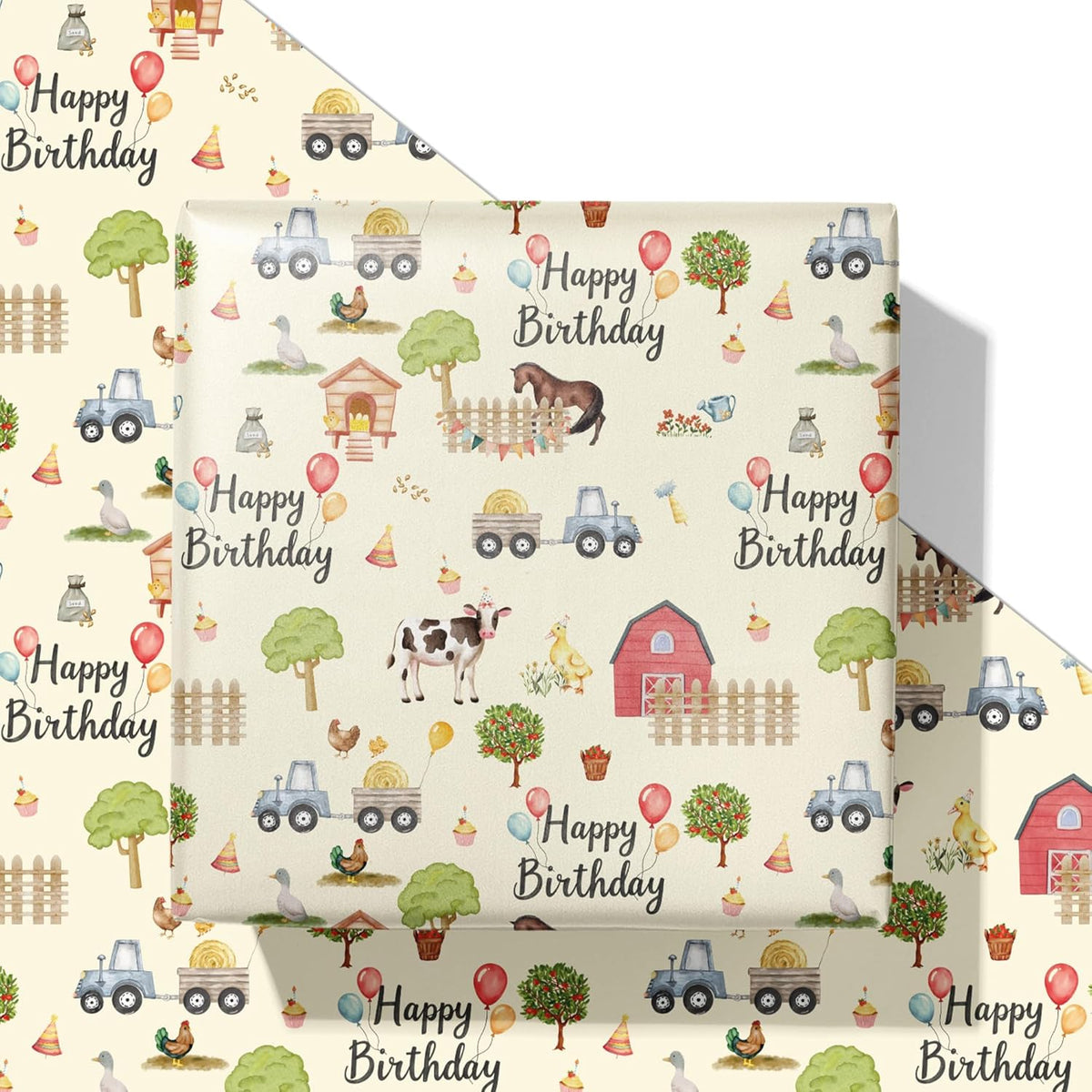 Farm Birthday Wrapping Paper For Kids Adults - Funny Gift Wrap With Tractors, Animals, Happy Birthday, Balloons, Floral & Tree Design For B-Day, Baby Shower - 40×28 Inches, 4 Sheets