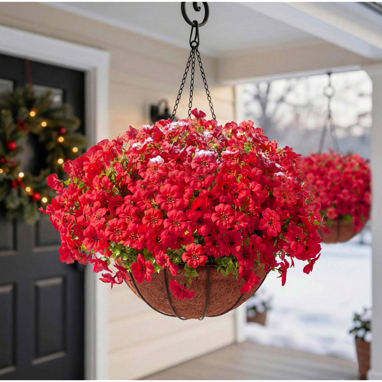 24 Pcs Artficial Outdoor Flowers With Hanging Baskets, 2 Pack Hanging Planter With Red Outdoor Spring Flowers For Christmas Porch Home Patio Yard Decor (2, Red)