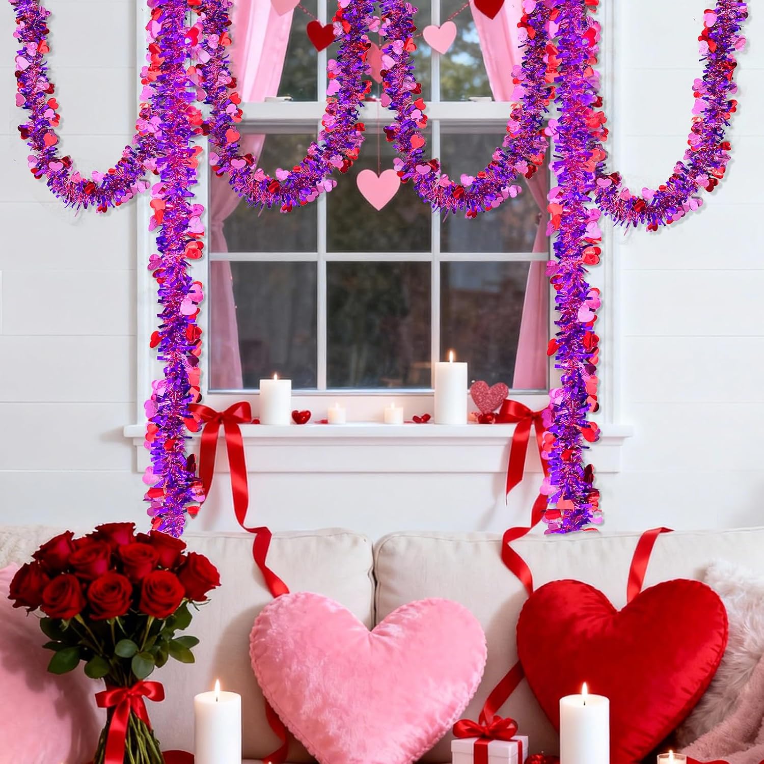 50Ft Valentines Day Garland - Purple Pink Red Heart Valentines Tinsel Garland, Metallic Valentine Day Garland Decor For Mantel, Tree, Valentine'S Day Decorations For Home (Purple)