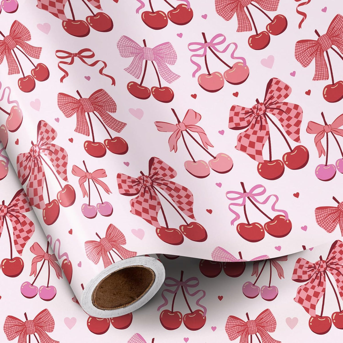 Cherry Bow Wrapping Paper Roll, Valentine Gift Wrap, Pink And Red Wrap Paper For Girl Birthday, Valentine'S Day, Bachelorette, Galentines, 17 Inch X 16.4 Feet
