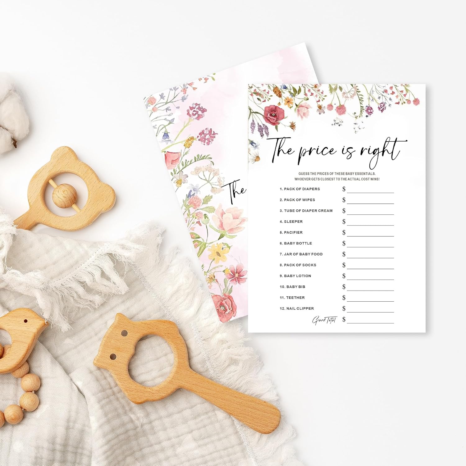Floral Fill In Baby Shower Game Cards - The Price Is Right Game For Boys & Girls - Watercolor Flowers Baby Announcement Gender Reveal Baby Shower Party Activities For New Parents To Be - B04