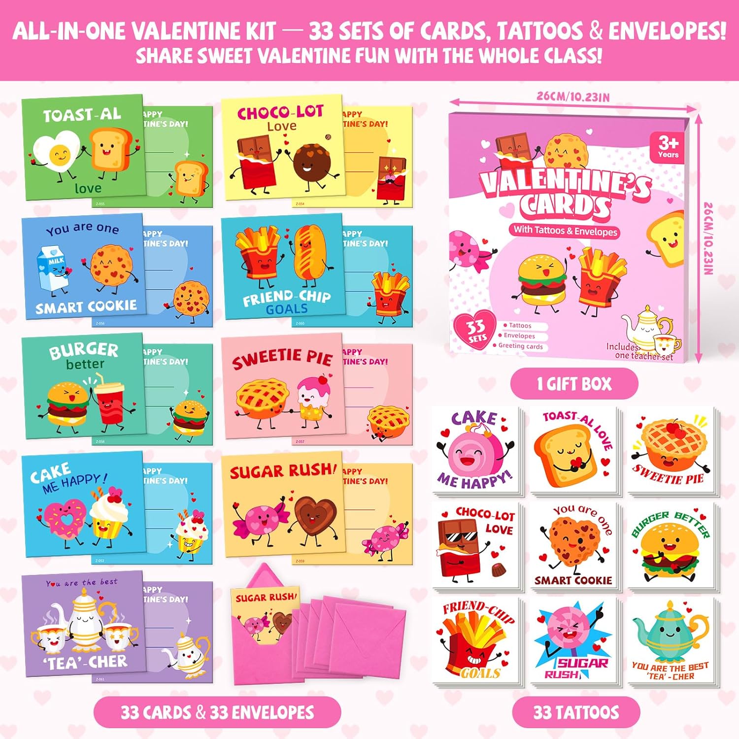 Funny Food Pun Valentines Cards For Kids - 33 Sets With Valentine Cards,Temporary Tattoos & Envelopes (Includes 1 Teacher Set),Valentines Day Cards For Kids School Classroom Exchange