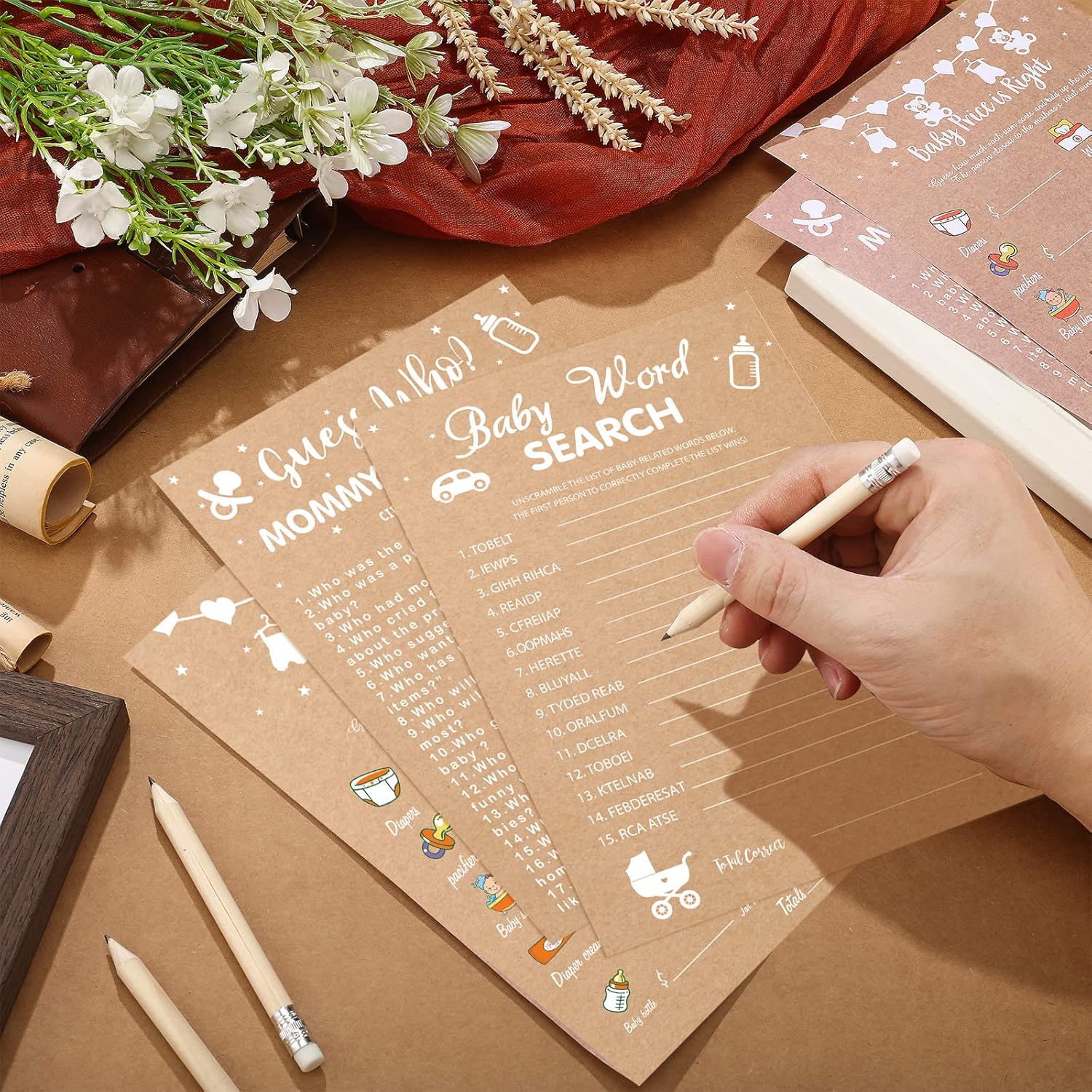 220Pcs/5Set Baby Shower Games Kraft Gender Reveal Cards For Gender Neutral Rustic Baby Shower Table Decorations Activity And Keepsake For New Parents With 20 Pencils(Rustic)