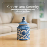 Plumeria Chinoiserie Candle Holder Jar – Pagoda-Inspired Decorative Taper Candle Holders – Elegant Office & Home Decor Accents For Living Room & Bedroom – 5"X8", Blue & White