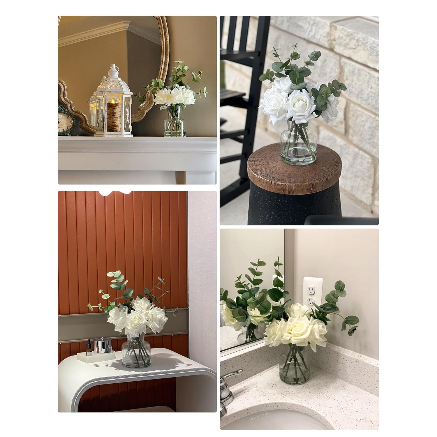 14" Artificial Flowers With White Roses In Vase, Fake Flowers In Artificial Water Vase, Silk Flower Arrangements With Artificial Flowers For Home Dining Table Decor.