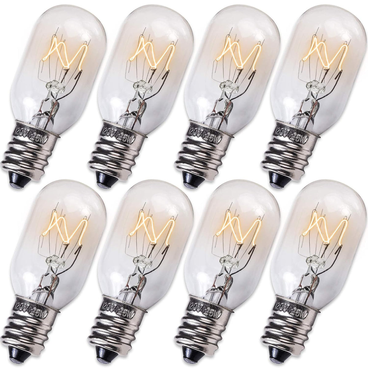 E12 T20 25W Incandescent Bulbs Salt Lamp 120V 2700K Warm White Light 150Lm For Himalayan Salt Lamps & Baskets, Scentsy Plug-In & Wax Warmers, Night Lights - 8 Packs