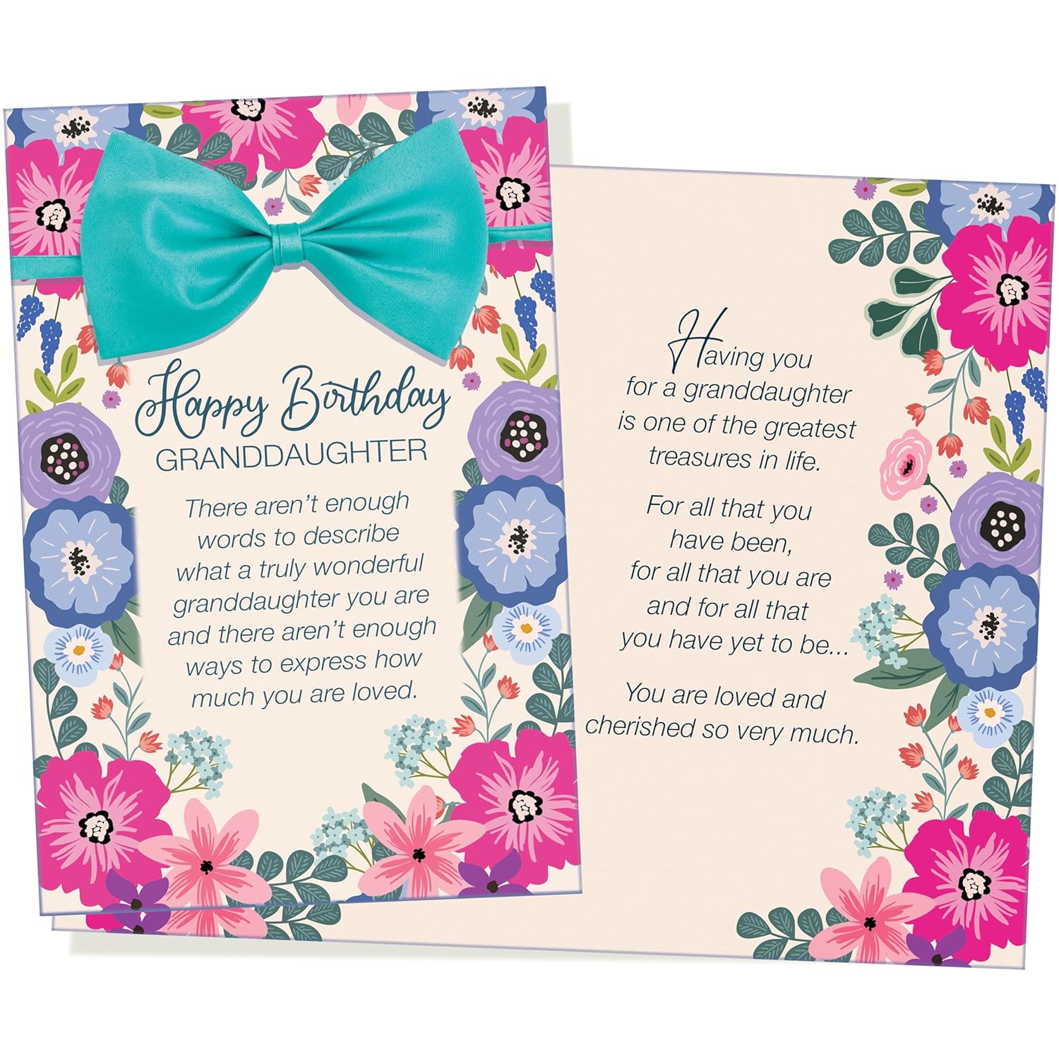 Birthday Card For Granddaughter - Large Card Opens To 10? × 7.75? - Lovely Lavender And Purple Flowers Topped Off With A Gorgeous Teal Ribbon And Bow - Made In Usa D#95366