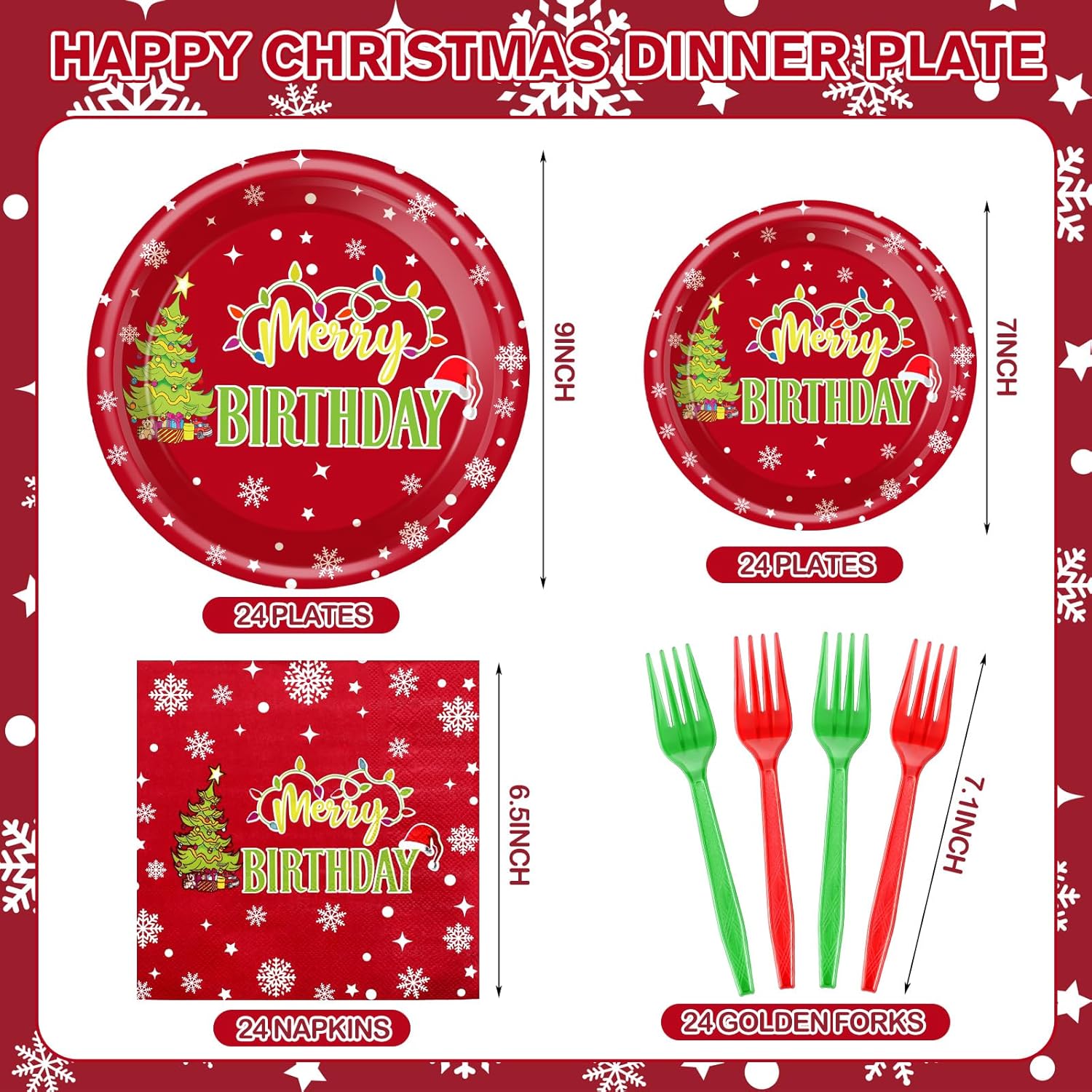 96 Pcs Christmas Birthday Decorations Set Merry Birthday Christmas Paper Plates And Napkins Forks Disposable Xmas Tableware Set For Xmas New Year Decorations, 24 Guests