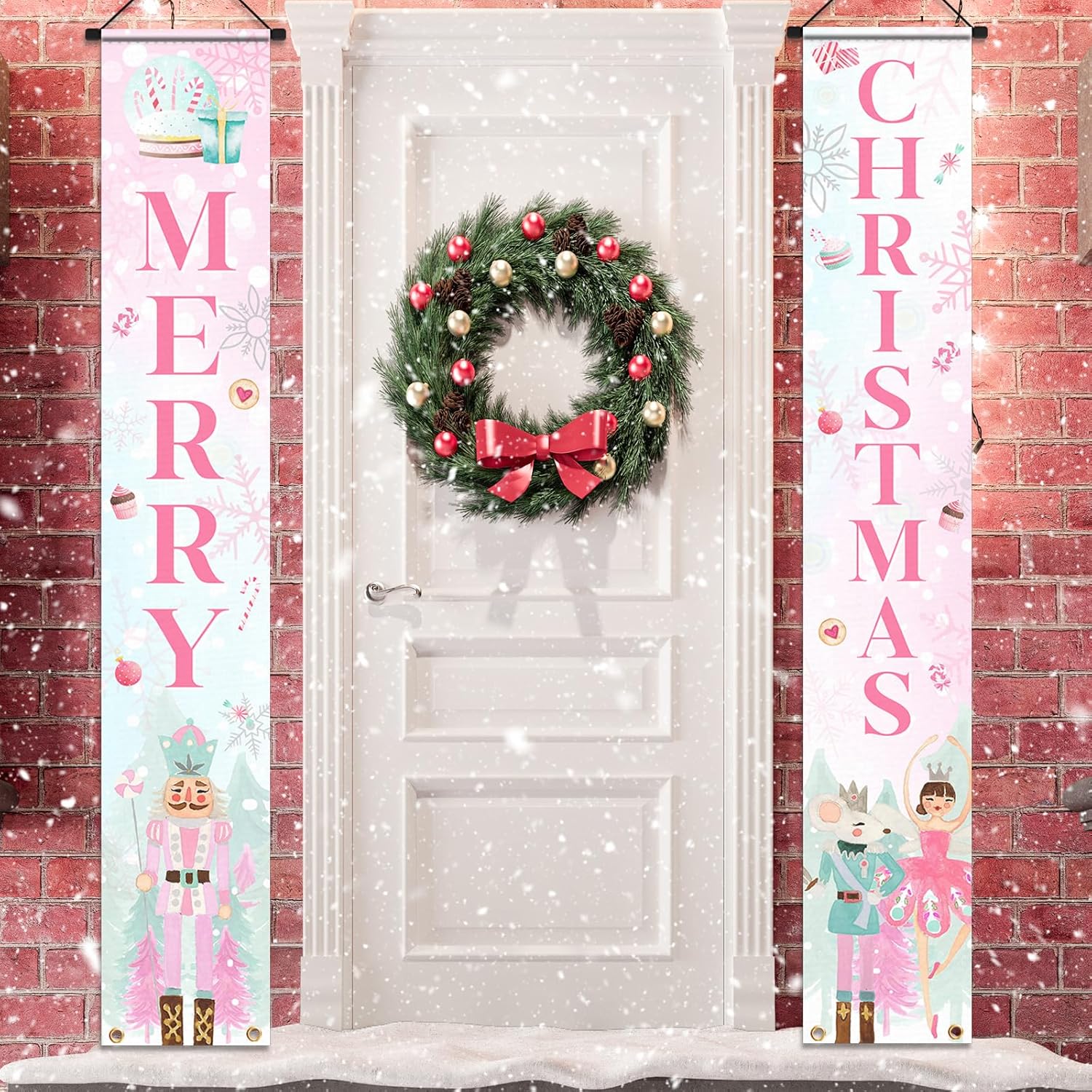 Nut-Cracker Christmas Porch Sign Banner Decoration,Merry Christmas Supplies Pink Christmas Nut-Cracker Door Hanging Banner For 2023 Winter Xmas Front Door Welcome Decoration