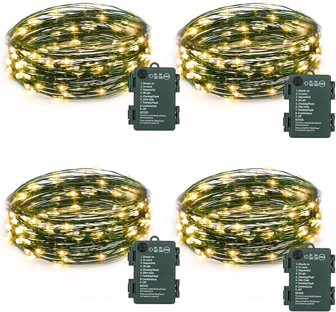 4 Pack Battery Operated Fairy Lights 16.4FT 50 LED Warm White Starry String Lights with Auto Timer Dark Green Copper Wire for Wedding Christmas Decor