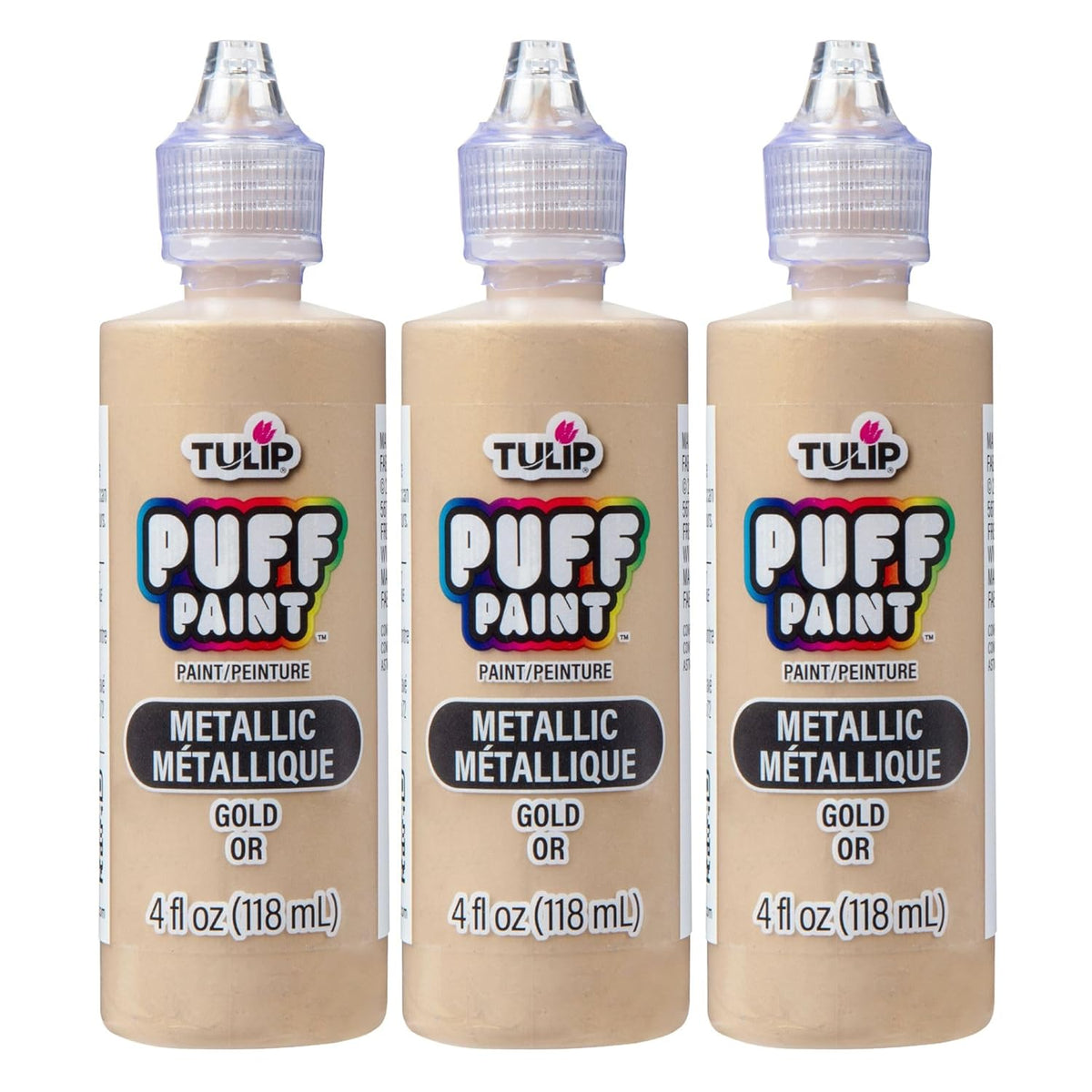 Tulip Puff Fabric Paint Metallic Finish, Permanent Craft Paint for Clothes, DIY Projects, Notoxic, 4 fl oz 3-Pack, Metallic Gold
