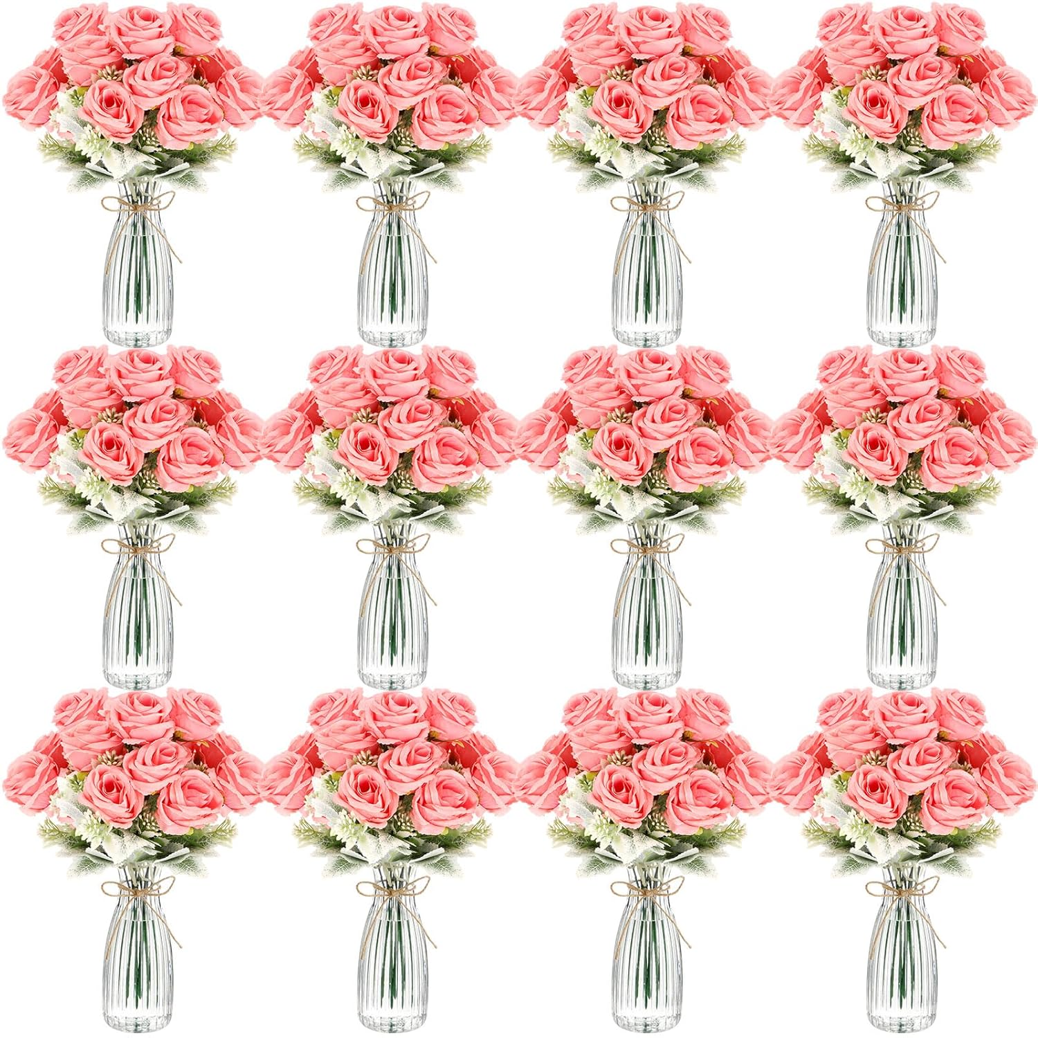 36 Pack Valentine Artificial Rose Flowers With Vase Bulk For Wedding Table Centerpiece 24 Bundles Silk Floral Faux Rose Bouquet With 12 Plastic Vase For Bridal Shower Table Decor(Pink)