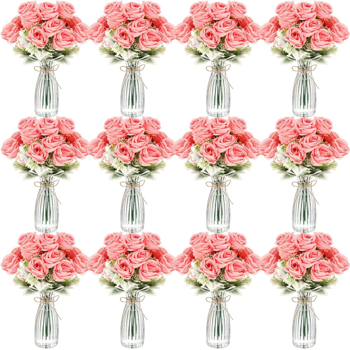 36 Pack Valentine Artificial Rose Flowers With Vase Bulk For Wedding Table Centerpiece 24 Bundles Silk Floral Faux Rose Bouquet With 12 Plastic Vase For Bridal Shower Table Decor(Pink)
