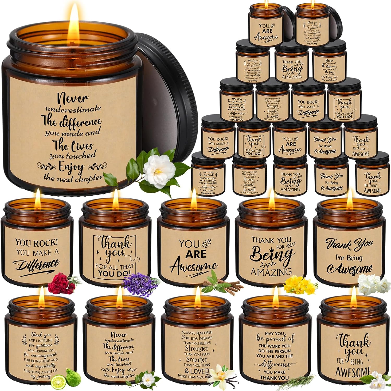 20 Pcs Thank You Candles 3.5 Oz Employee Appreciation Gifts Bulk Scented Jar Candle Thank You Gifts For Coworker Volunteer Teacher Women Friends Secretaries, 10 Fragrance(Brown)
