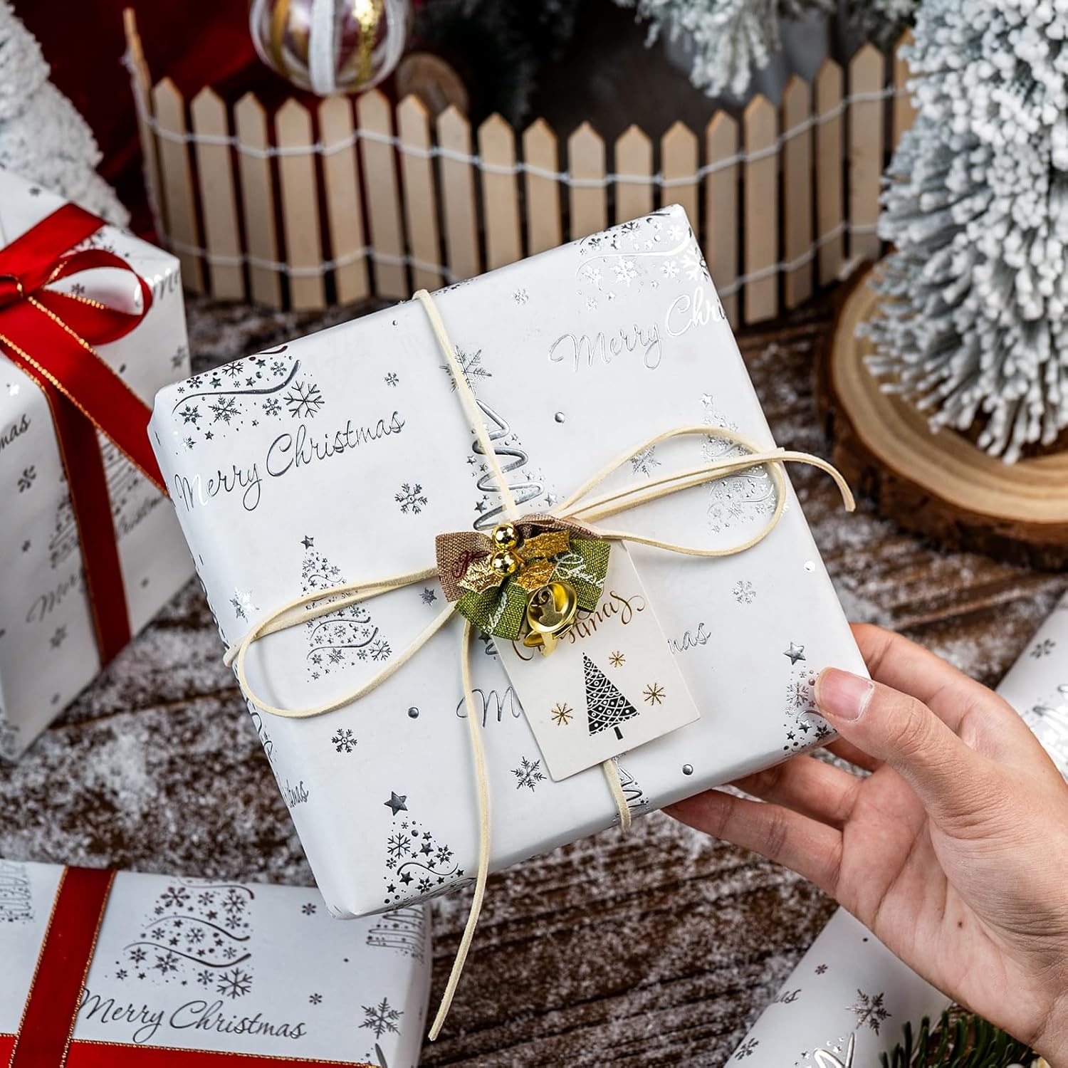 White Christmas Wrapping Paper Roll - 3D Embossed Trees And Letters With Silver Foil Metallic Shine Gift Wrap For Christmas, New Year Celebration, Holiday - Mini Roll - 17 Inch X 33 Feet