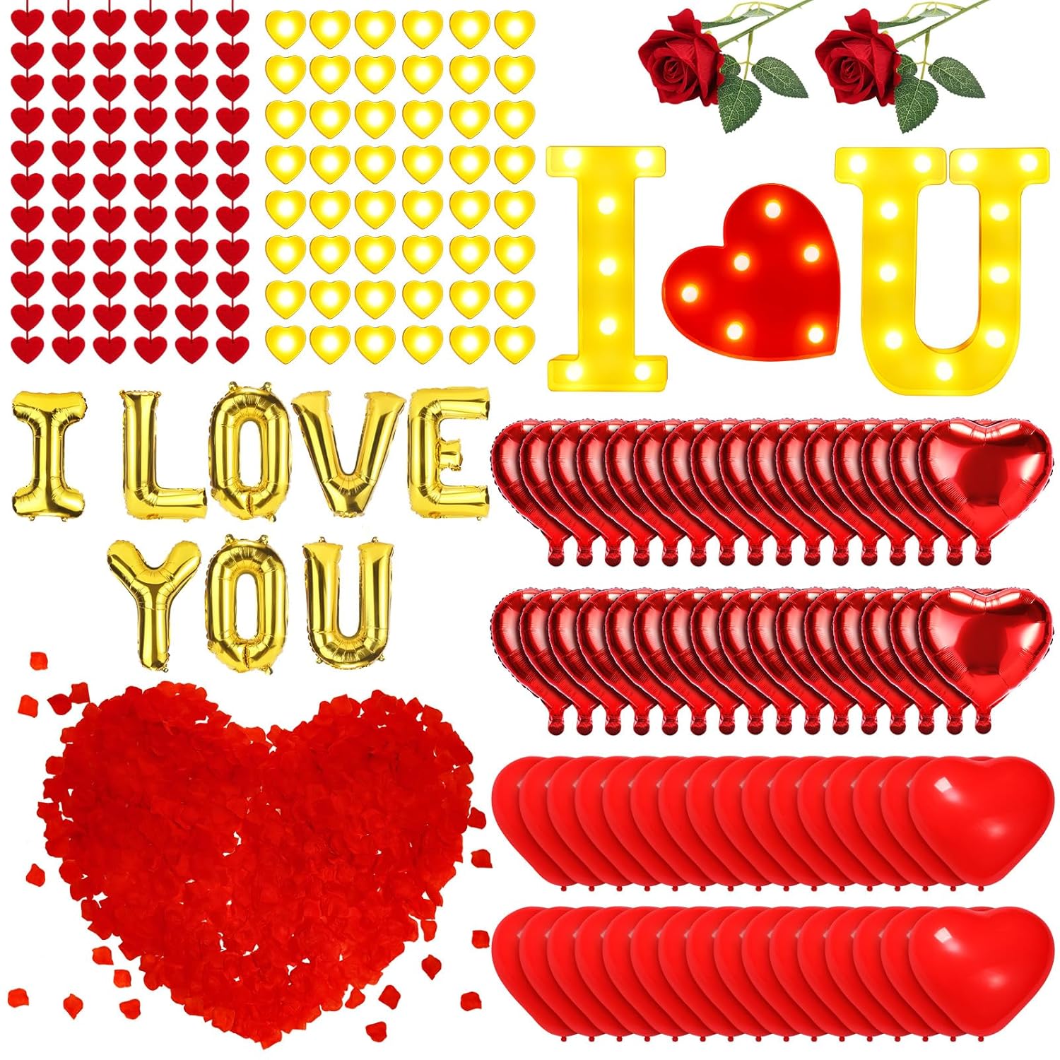 Happy Anniversary Valentines Day Decorations, Romantic Special Night Decor, Rose Petals & Candles Set, I Love You Signs & Balloons, Felt Heart Strings & Foil Balloons