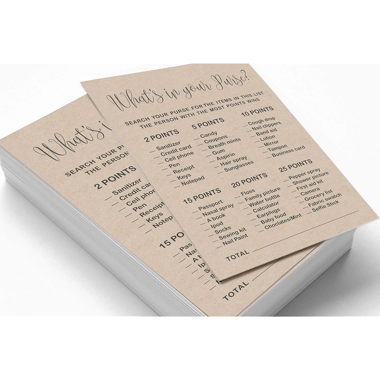 50-Pack Kraft Rustic Whats In Your Purse Bridal Shower Game Wedding Shower Bachelorette Party Bulk Activity Game Cards