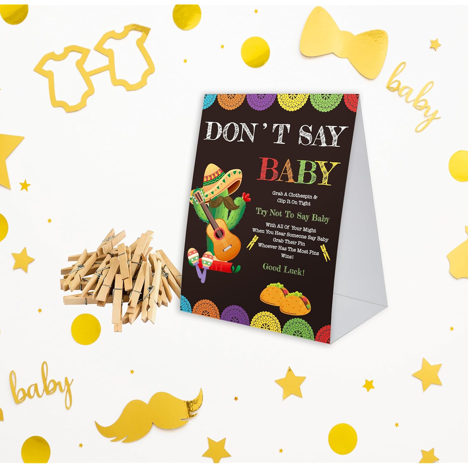 Don'T Say Baby Game For Baby Shower, 50 Wooden Clothespins And One Sign, Fiesta Taco Theme, Pins For Baby Shower Decorations, Gender Reveal Games, Baby Shower Supplies-Bb17