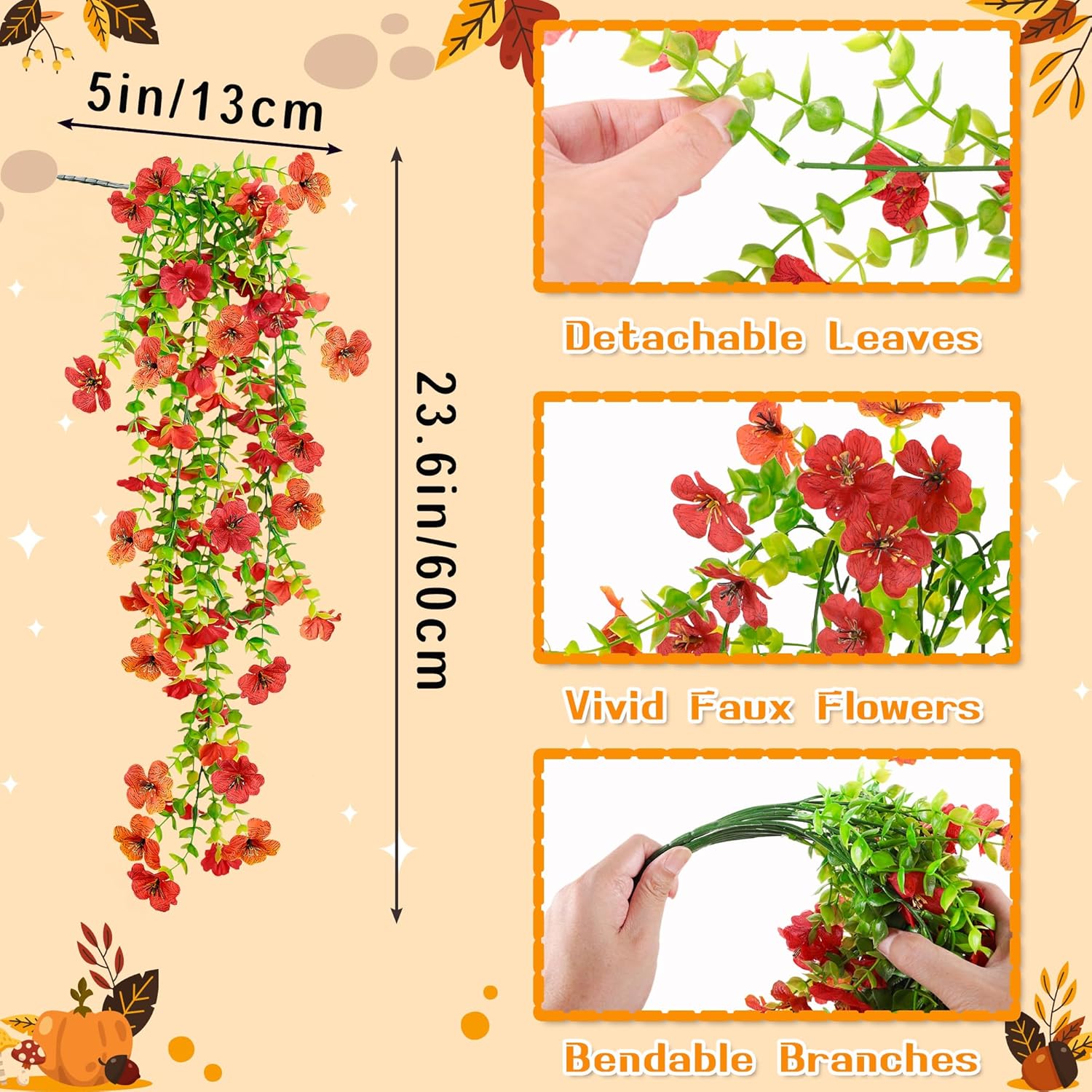 4Pcs Fall Artificial Hanging Flowers Plants Decorations For Outdoor Faux Silk Daisy Mums Home Indoor Porch Patio Wall Balcony Yard Decor
