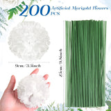 200 Pack Artificial Marigold Flower With Stems Bulk 3.5 Inch Silk Marigold False Flowers Marigolds For Diy Marigold Garland Halloween Wedding Party Home Decorations (White)