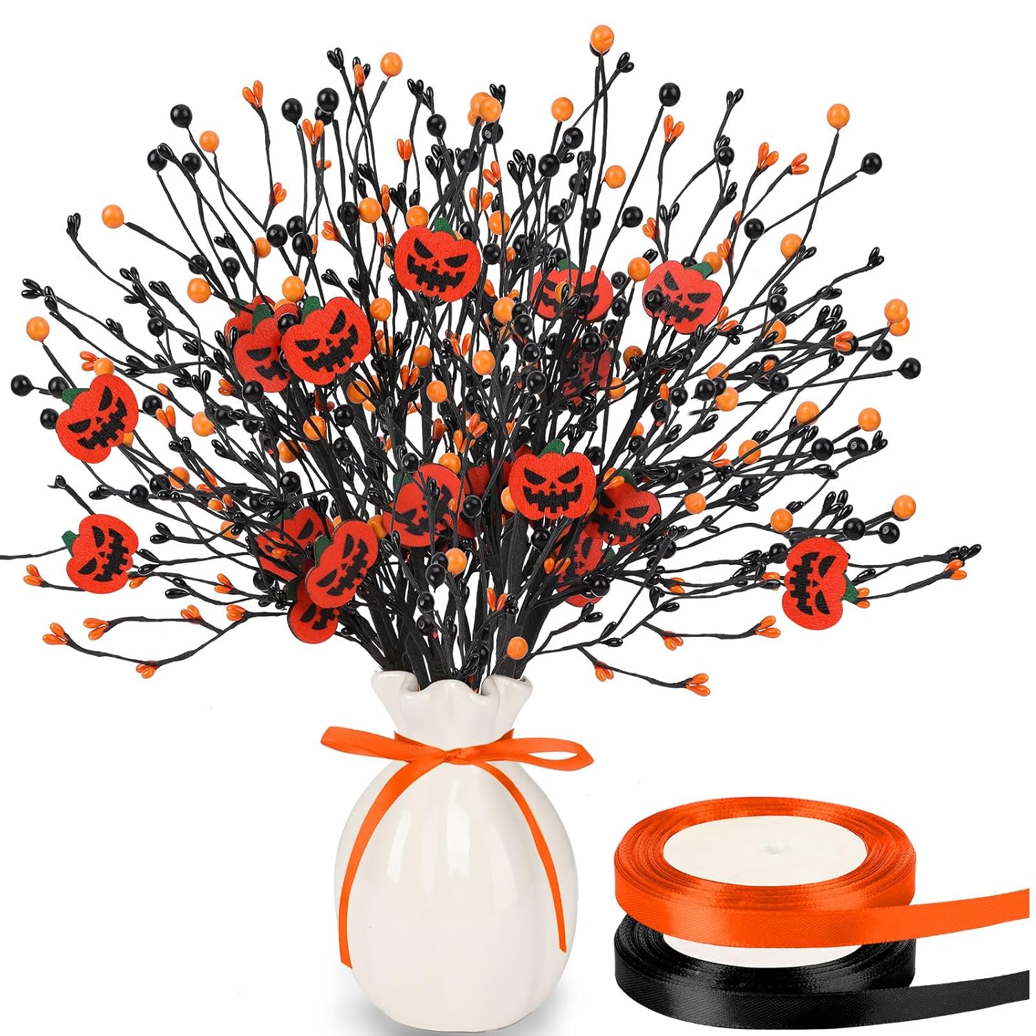 6 Pcs Artificial Pumpkin Stems With Black Branches And 2 Roll Ribbons For Halloween Vase Bouquet Arrangement Wreath Table Centerpiece Home Party Decor