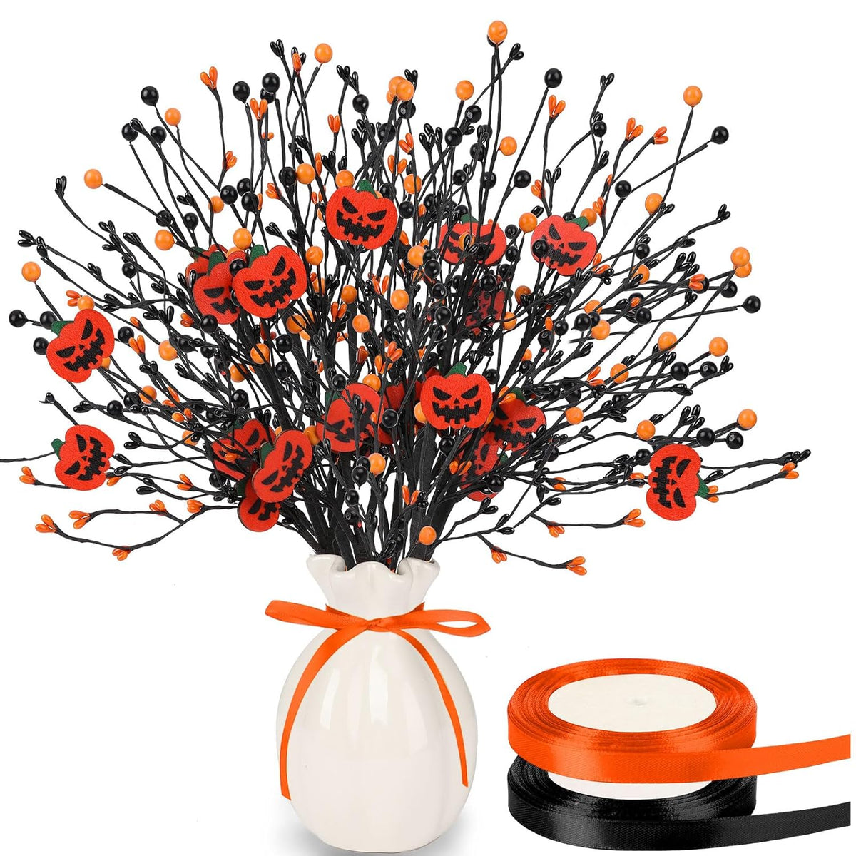 6 Pcs Artificial Pumpkin Stems With Black Branches And 2 Roll Ribbons For Halloween Vase Bouquet Arrangement Wreath Table Centerpiece Home Party Decor