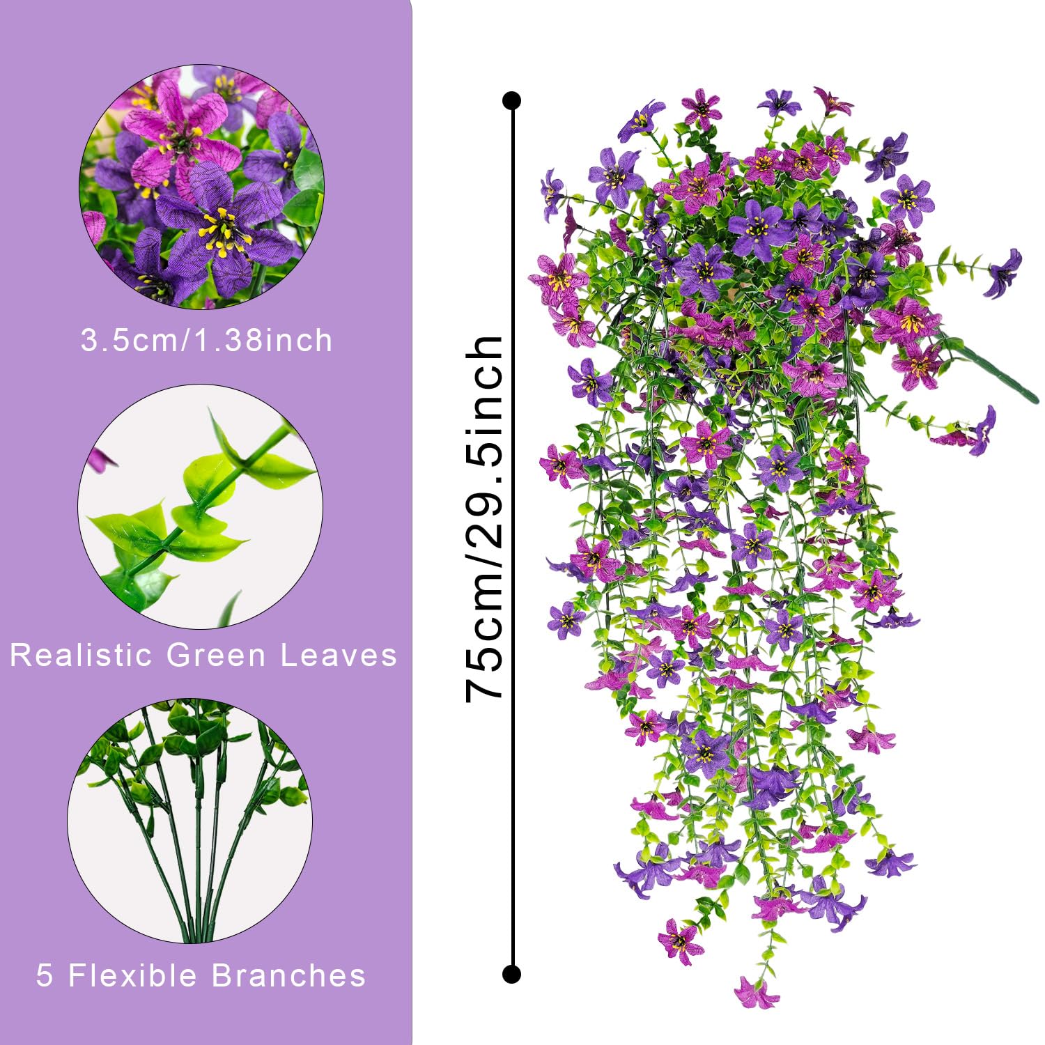 4 Pcs Artificial Hanging Flowers For Outdoors, Fake Hanging Plants Uv Resistant Faux Silk Daisy With Eucalyptus Leaves For Outside Home Indoor Planter Porch Patio Balcony Yard Decor (Double Purple)