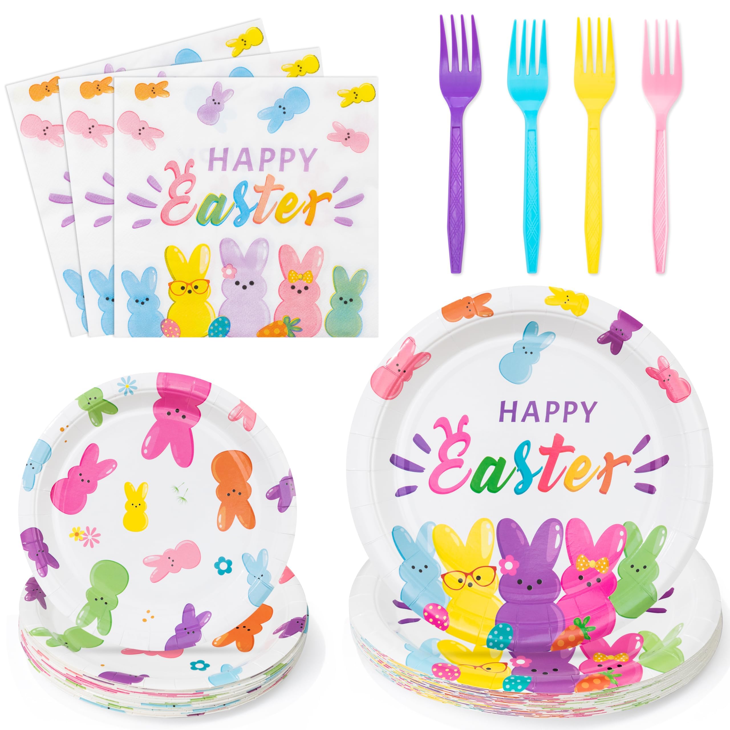 Easter Bunny Happy Easter Rabbits Party Plates Supplies - Serves 24-96Pcs Party Tableware Decorations Disposable Paper Plates Napkins Forks for Spring Birthday Baby Shower