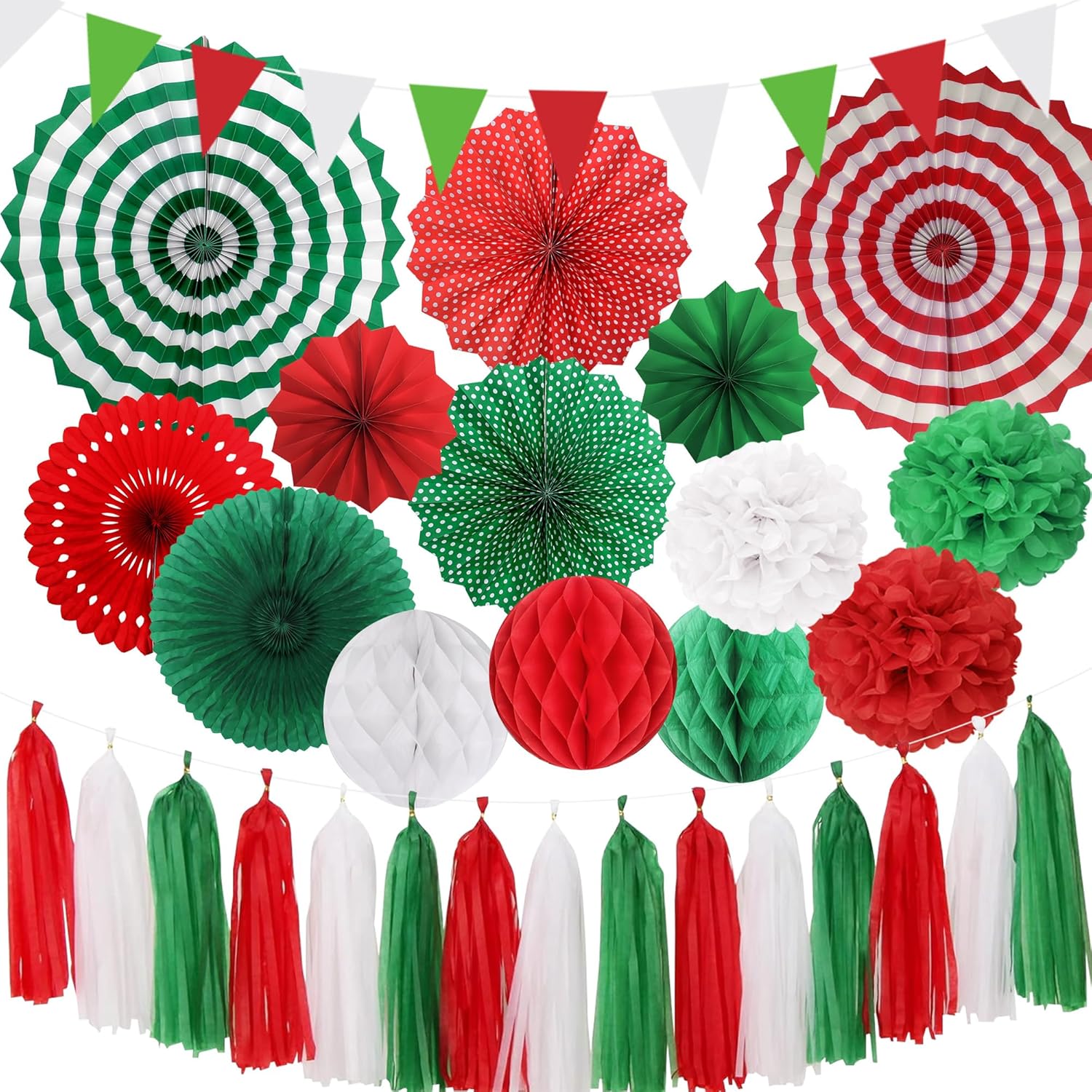 Red-Green White Party-Decorations - 30Pcs Mexico Italy Tissue Pom Poms Honeycomb Ball, Tassel Garland Banner, Mexican Italian Christmas Birthday Wedding Graduation Wedding Baby Shower Decor Bunting
