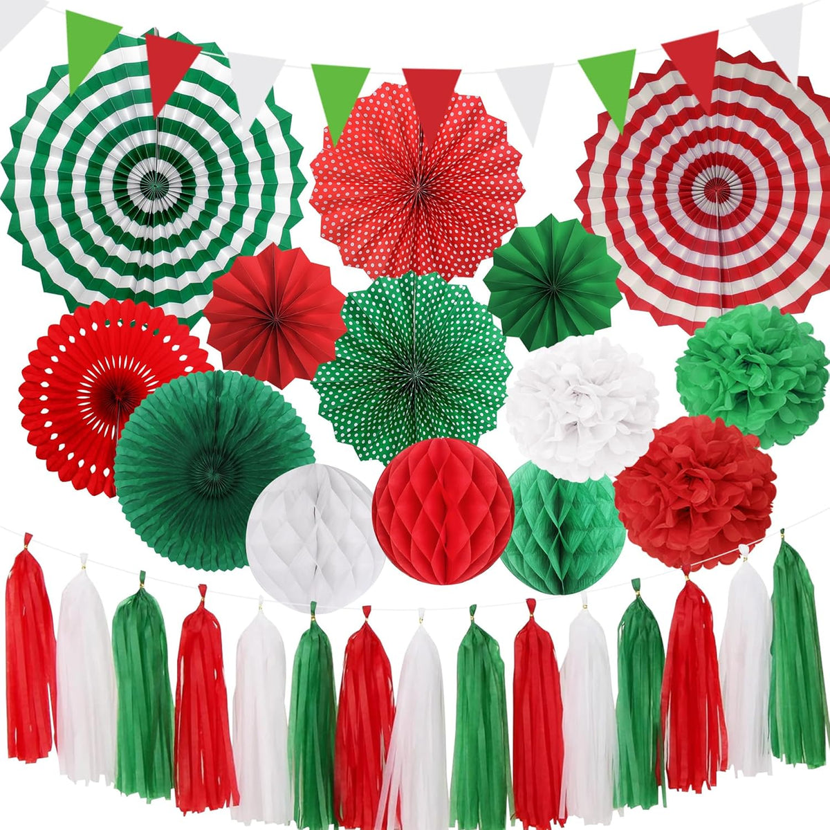 Red-Green White Party-Decorations - 30Pcs Mexico Italy Tissue Pom Poms Honeycomb Ball, Tassel Garland Banner, Mexican Italian Christmas Birthday Wedding Graduation Wedding Baby Shower Decor Bunting
