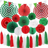 Red-Green White Party-Decorations - 30Pcs Mexico Italy Tissue Pom Poms Honeycomb Ball, Tassel Garland Banner, Mexican Italian Christmas Birthday Wedding Graduation Wedding Baby Shower Decor Bunting