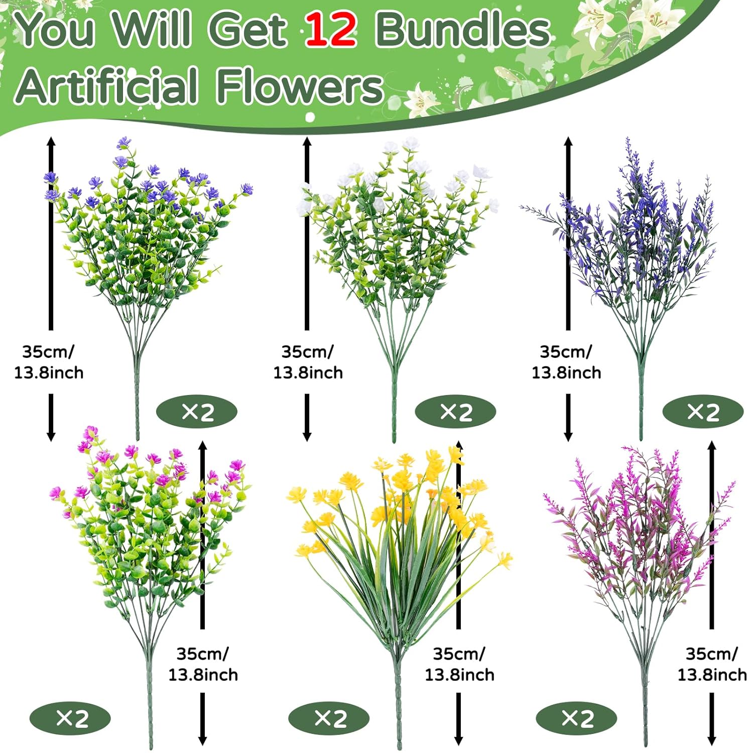 12 Bundles Uv Resistant Artificial Flowers, Bendable Stems, Outdoor Fade Proof Mixed Bouquet Fake Plastic Plants Faux Camellia Eucalyptus Lavender For Garden Patio Window Box Decor