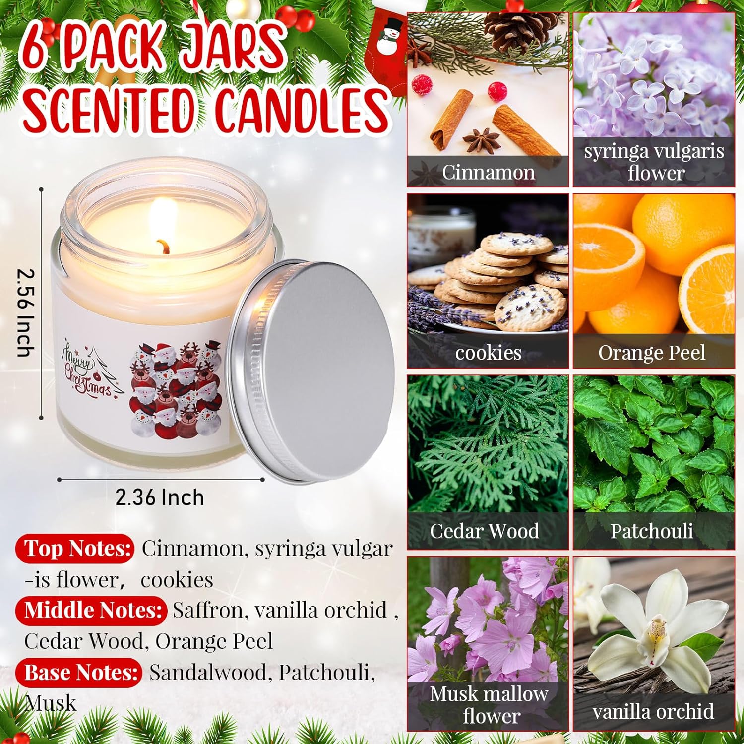6 Pcs Christmas Candles Scented Merry Christmas Soy Holiday Scented Candle Jars For Xmas Winter Tree Employee Appreciation Gifts Coworker Nurse Teachers(Classic Style)