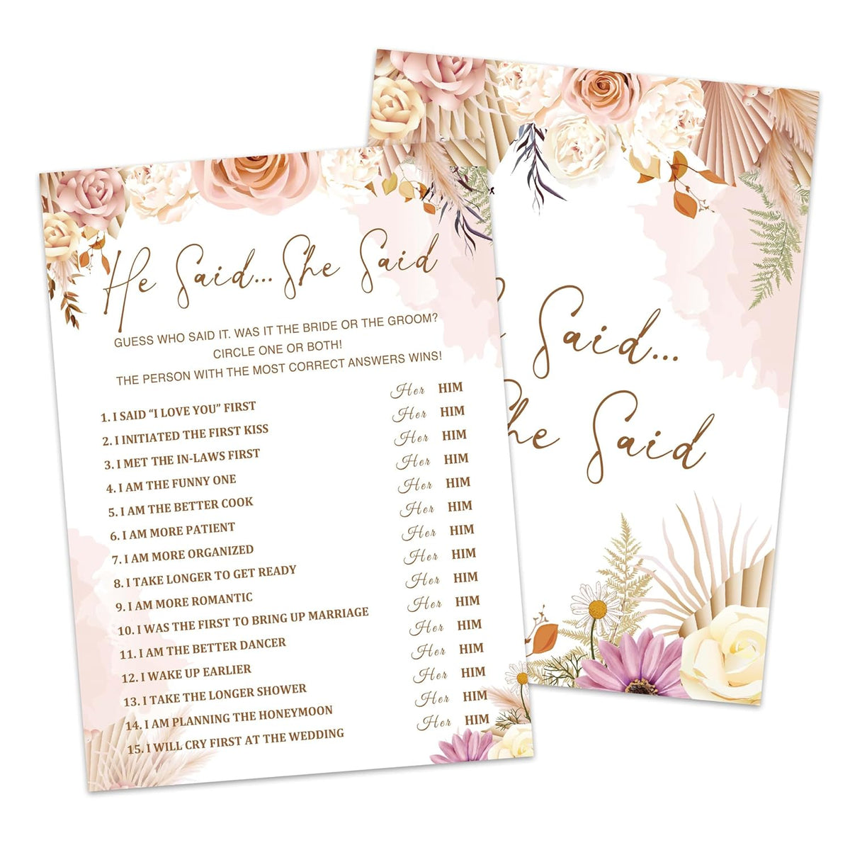 Boho Bridal Shower Game Set - He Said She Said Bohemian Wedding Shower Games Cards - 30 Pack Pampas Grass Engagement Party Decorations - Fall Floral Bachelorette Party Ideas And Activities -05