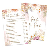 Boho Bridal Shower Game Set - He Said She Said Bohemian Wedding Shower Games Cards - 30 Pack Pampas Grass Engagement Party Decorations - Fall Floral Bachelorette Party Ideas And Activities -05