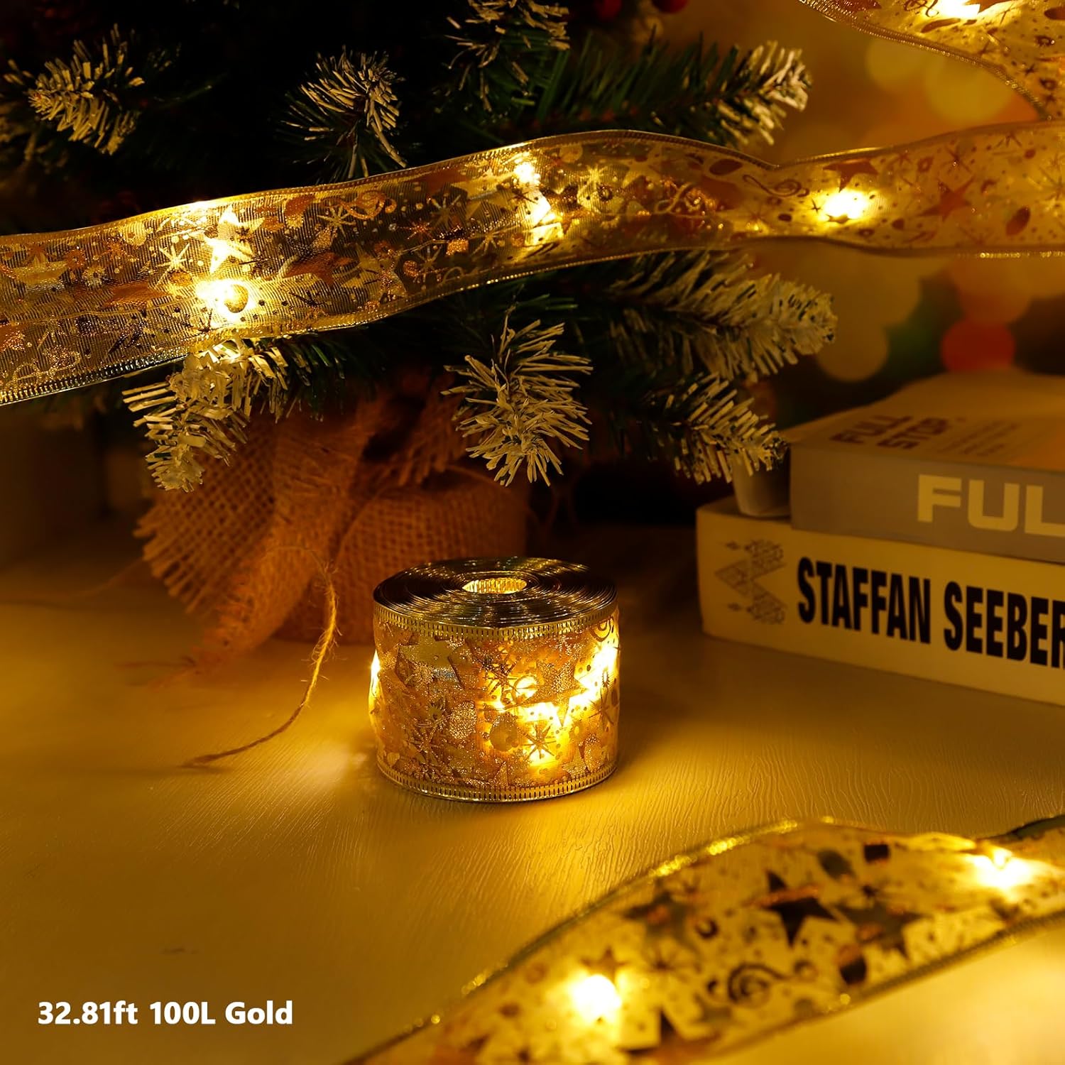 Gold Warm Ribbon Lights 32Ft 100 Led Christmas Tree Decorations Battery Powered String Lights Copper Wire Ribbon Bows Li