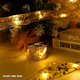 Gold Warm Ribbon Lights 32Ft 100 Led Christmas Tree Decorations Battery Powered String Lights Copper Wire Ribbon Bows Li