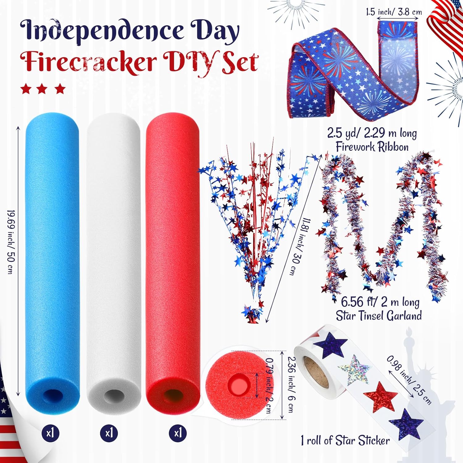 4Th Of July Foam Firecracker Diy Kits Patriotic Decorations Include Red White Blue Foam Noodles Stars Branches Sticker Ribbon Tinsel Garland For Independence Day Memorial Day Home Party Decor