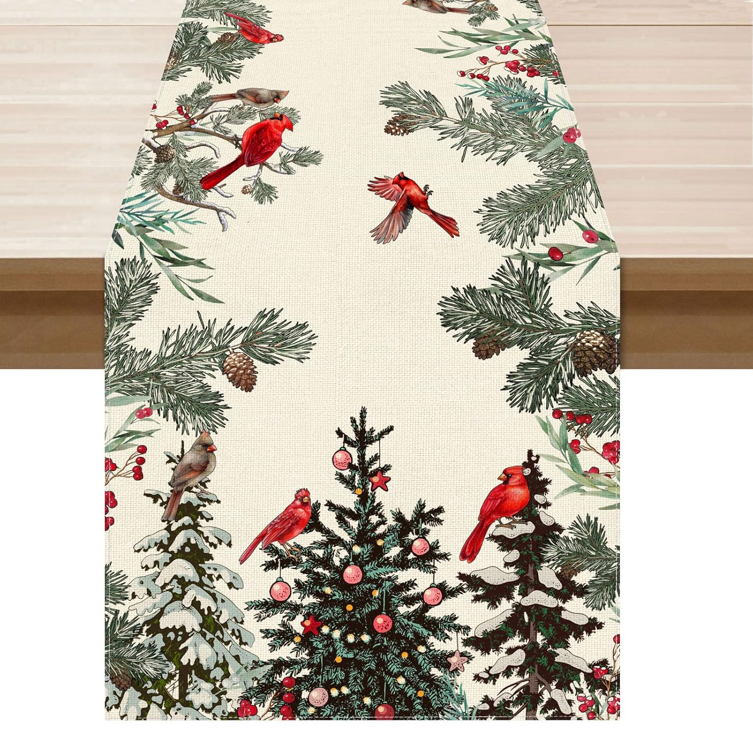 Cardinal Birds Winter Pine Tree Christmas Xmas Table Runner Table Decoration For Home Kitchen Dining Holiday Decor 13X72 Inch