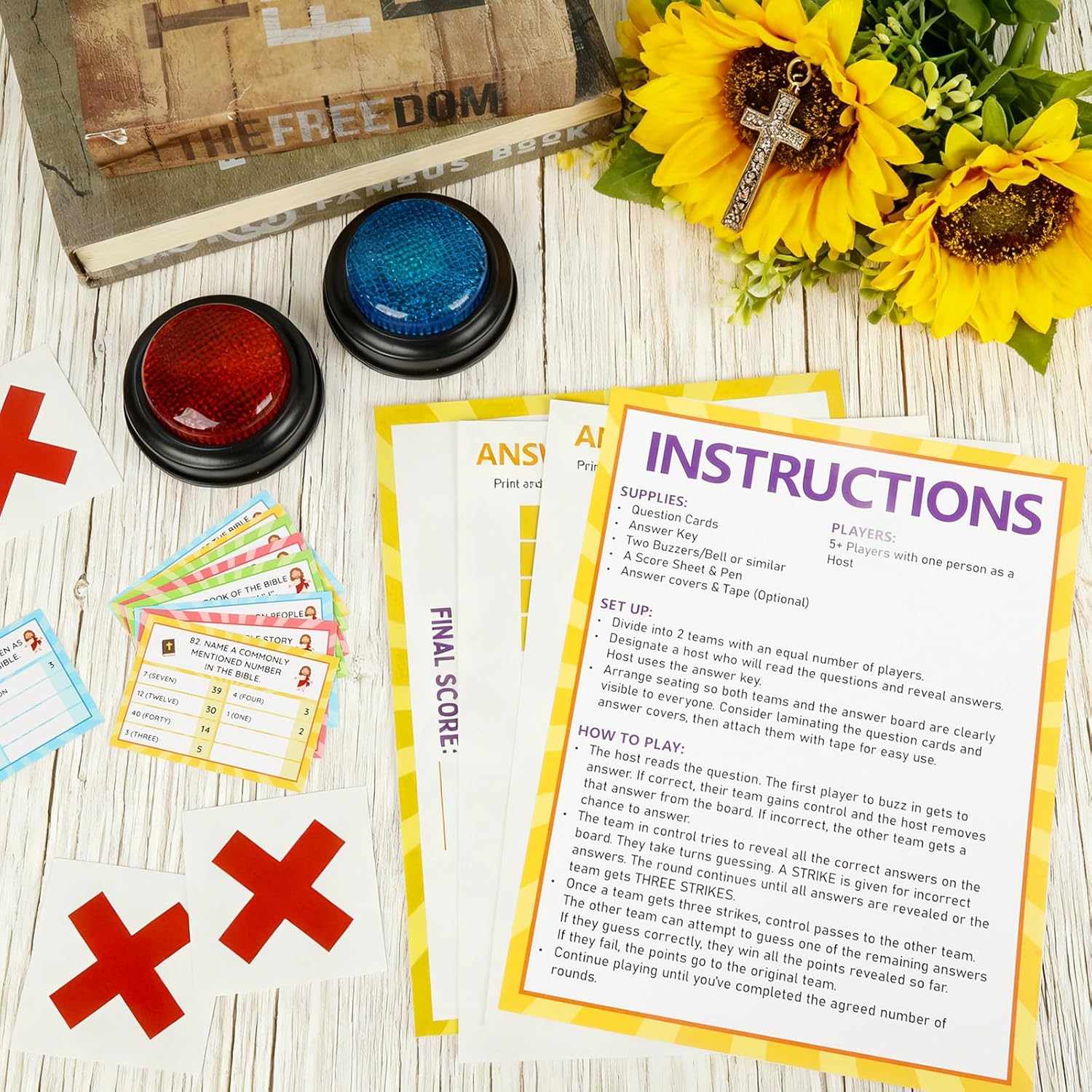 Christian Bible Friendly Feud Game Religious Card Board Game Night Church Group Bible Trivia Games Cards With Two Buzzers For Church Group Activity Xmas Holiday Party Office Class Team Building
