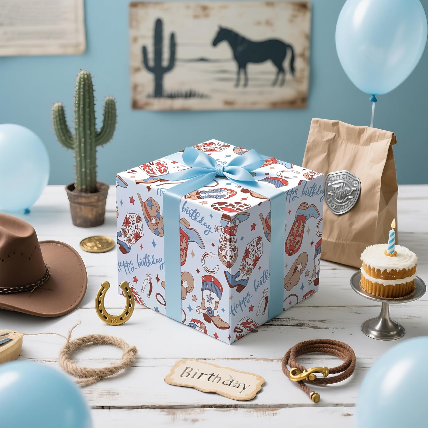 Cowboy Birthday Wrapping Paper Roll For Boys Kids Teens, Western Boots Hats Lasso Blue Design With Happy Birthday Text Gift Wrap, Mini Roll 17 In X 16.4 Feet